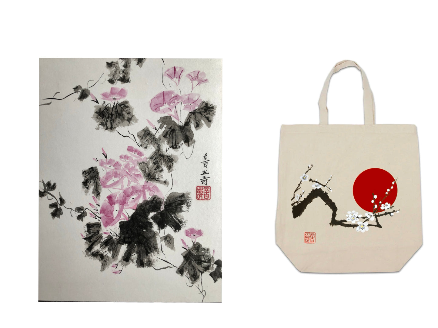 'Morning Glory' Sumi-e Painting and Sakura|Ensō Tote-bag