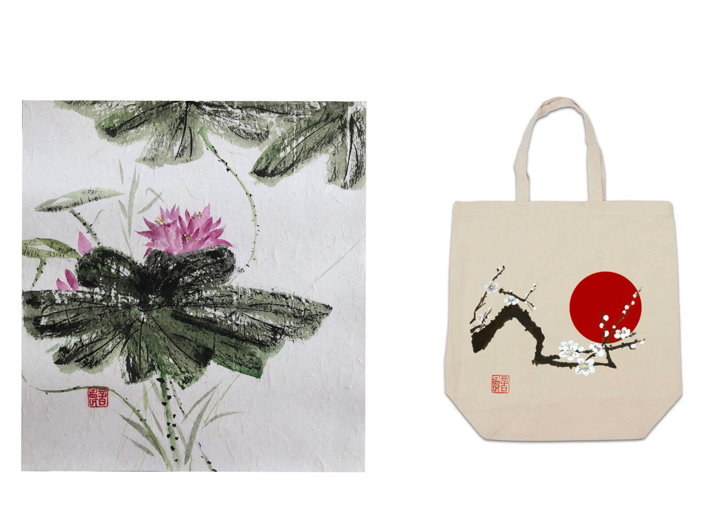 'Lotus' Sumi-e Painting and Sakura|Ensō Tote-bag