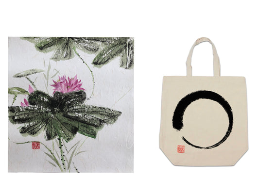 'Lotus' Sumi-e Painting and Sakura|Ensō Tote-bag