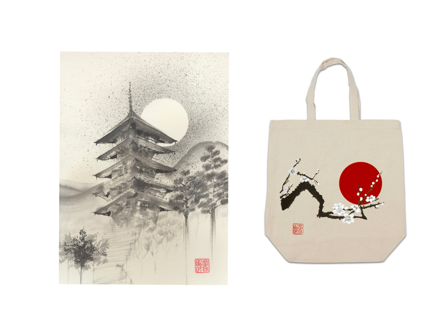 'Pagoda' Sumi-e Painting and Sakura| Ensō Tote-bag